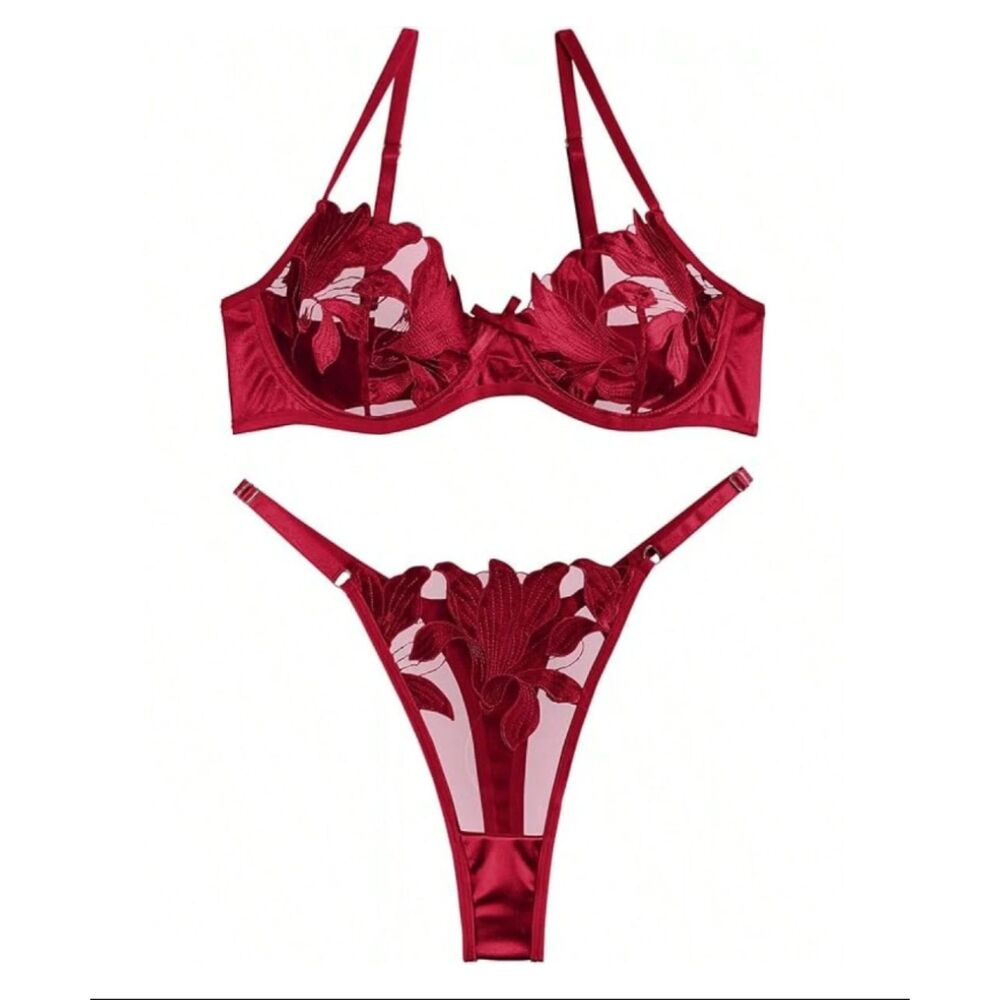 Large Red Embroidered Leaf Mesh Contrast Sexy Sheer Underwire Lingerie Set